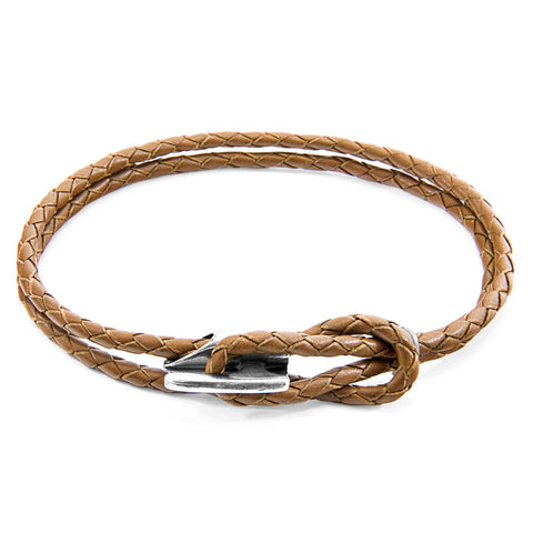 3. Studio image of Padstow silver and braided leather bracelet in light brown by ANCHOR & CREW