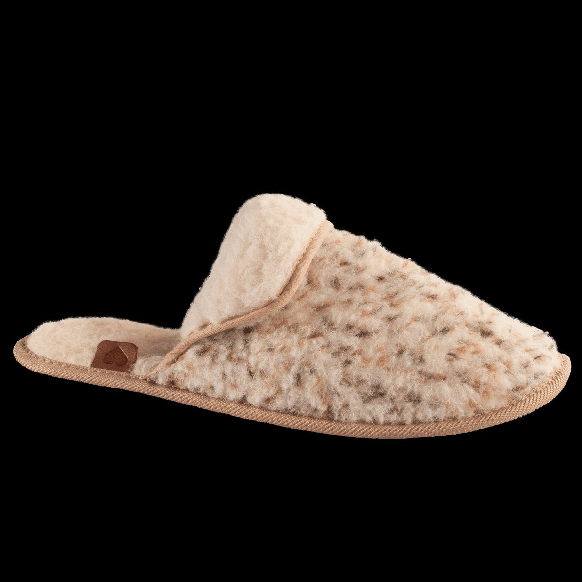 1. Beige lambswool slipper by Omaking, side view showing soft texture and velour outsole