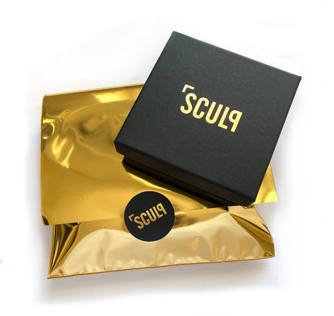 3. SCULP branded packaging with gold wrapping and black box for 2 Love And Protect U earrings