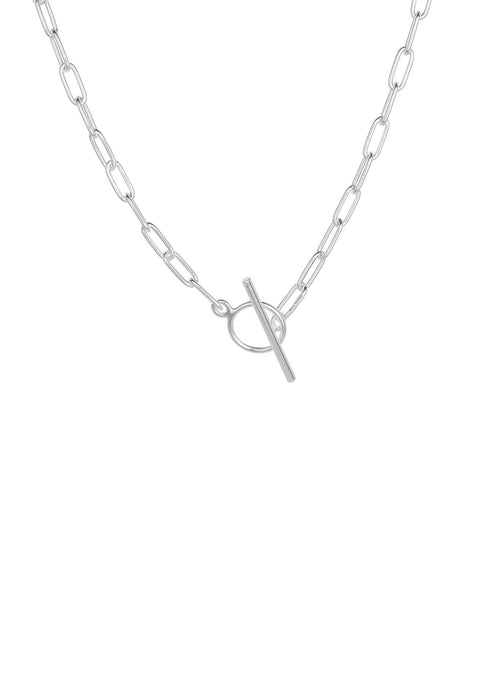 4. Studio image of NO MORE silver paper clip choker with T-bar closure, highlighting chain design