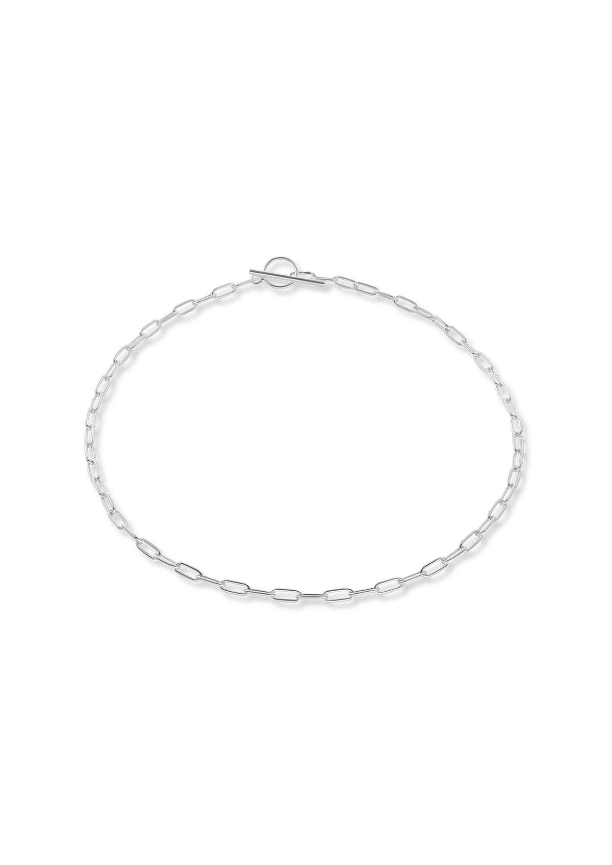 5. Flat lay of NO MORE silver paper clip choker, showcasing full chain and T-bar closure