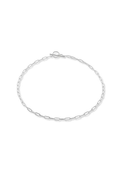 5. Flat lay of NO MORE silver paper clip choker, showcasing full chain and T-bar closure