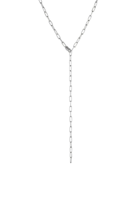 3. Studio shot of silver paper clip Y-necklace on white background