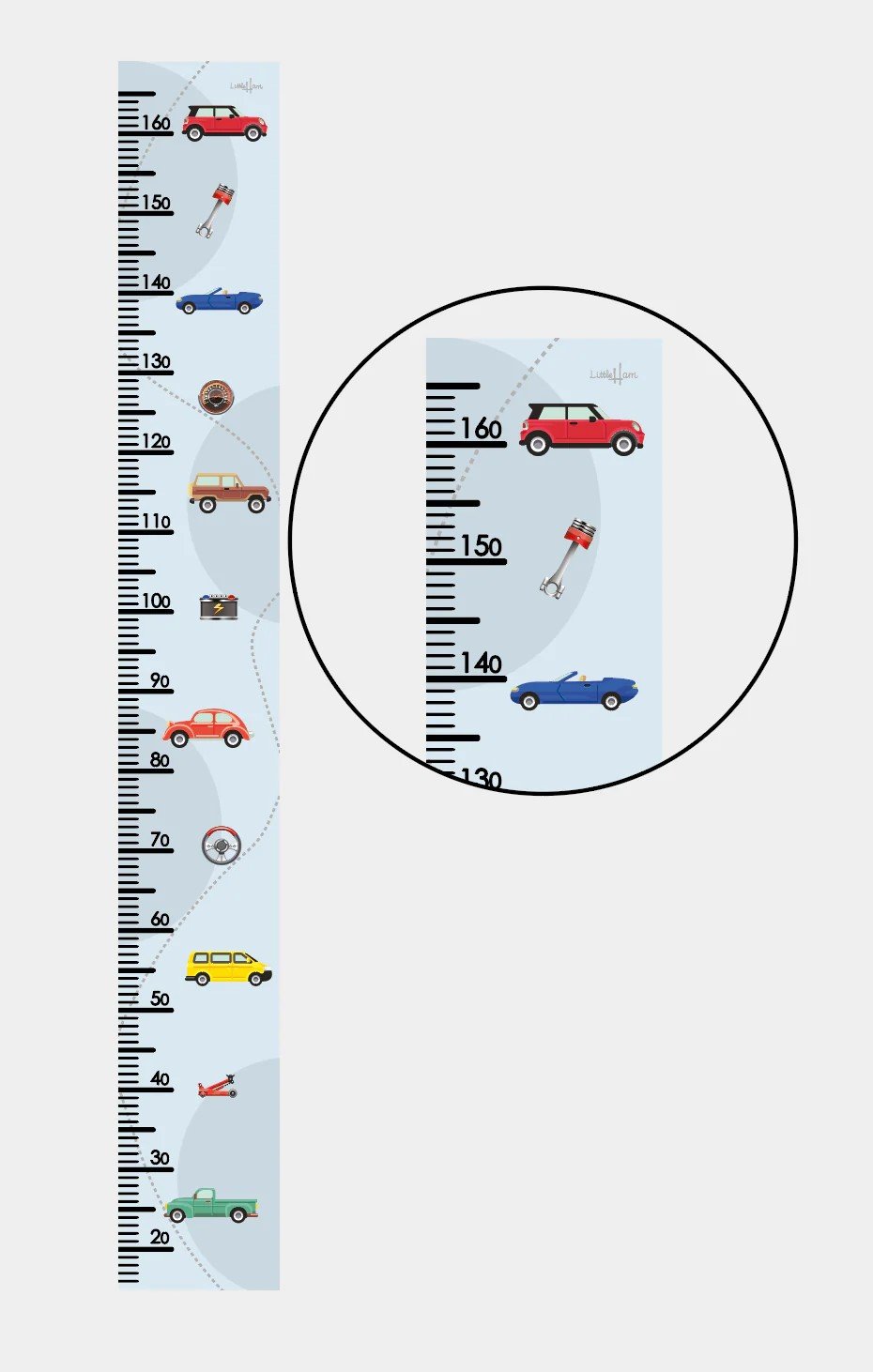 2. Studio shot of retro cars-themed paper growth chart with close-up inset, showing colorful car illustrations and measurement scale up to 165 cm