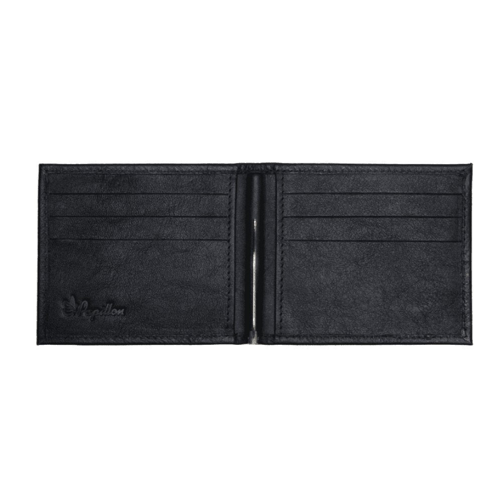 1. Interior view of Papillon Wallet No. 33 in black leather, showing six card slots and metal money clip