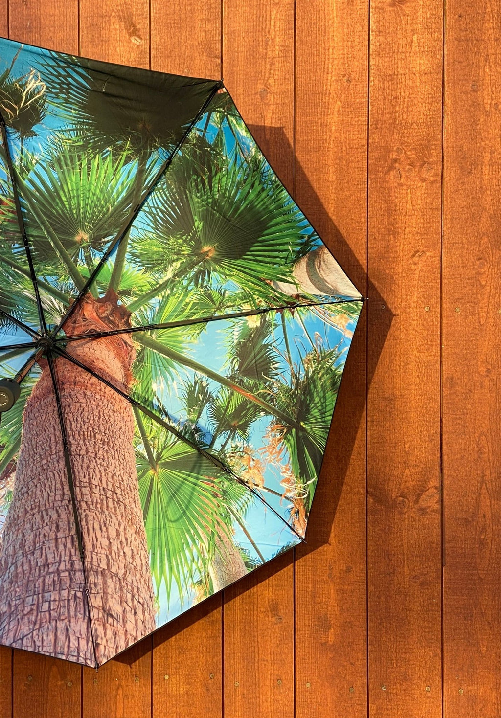 11. Paradise Umbrella with tropical print open against wooden wall, showcasing vibrant palm design