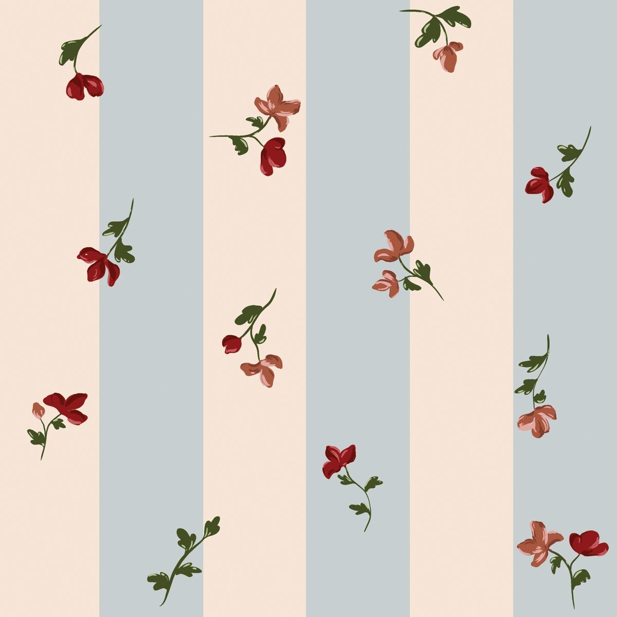 1. Vintage-inspired wallpaper with dark red and soft pink flowers on ecru and light blue stripes, ideal for a Parisian nursery, suitable for both girls and boys, made of durable matte paper.