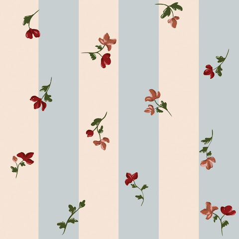 1. Vintage-inspired wallpaper with dark red and soft pink flowers on ecru and light blue stripes, ideal for a Parisian nursery, suitable for both girls and boys, made of durable matte paper.