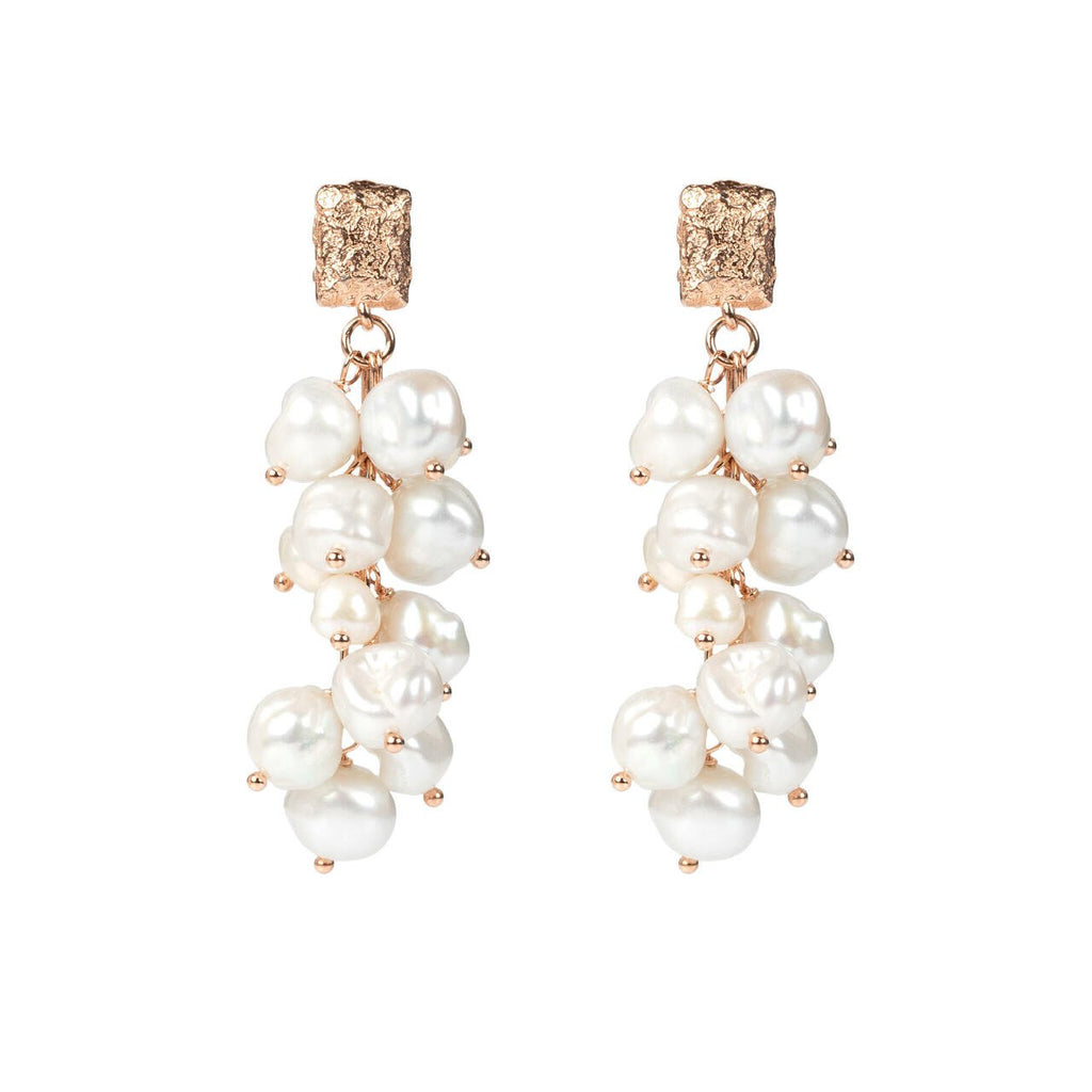 3. MyaMoon Festive Pearls Earrings in rose gold with cascading freshwater pearls, studio shot