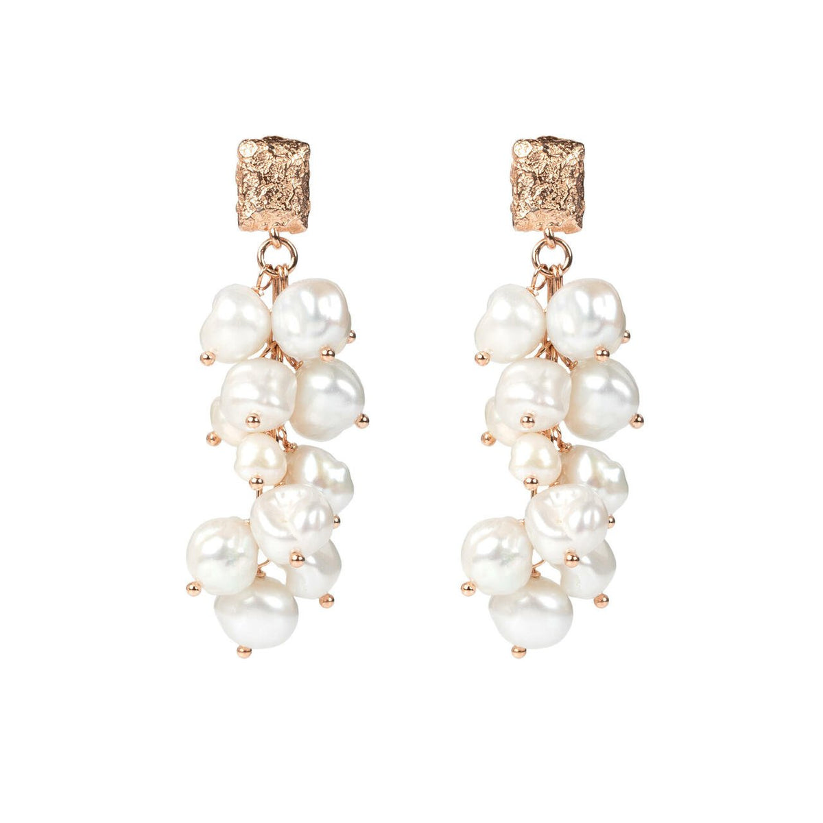 3. MyaMoon Festive Pearls Earrings in rose gold with cascading freshwater pearls, studio shot