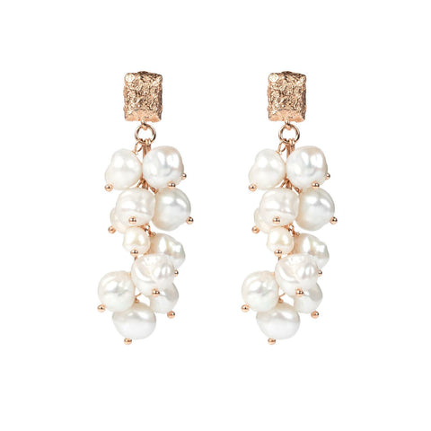 3. MyaMoon Festive Pearls Earrings in rose gold with cascading freshwater pearls, studio shot