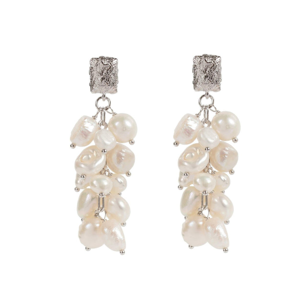 2. MyaMoon Festive Pearls Earrings in silver with cascading freshwater pearls, studio shot
