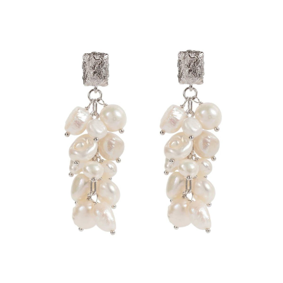 2. MyaMoon Festive Pearls Earrings in silver with cascading freshwater pearls, studio shot