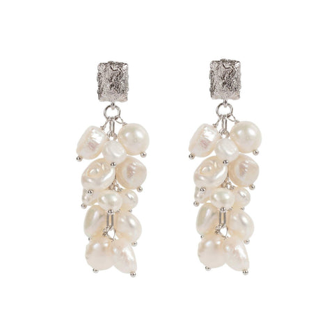 2. MyaMoon Festive Pearls Earrings in silver with cascading freshwater pearls, studio shot