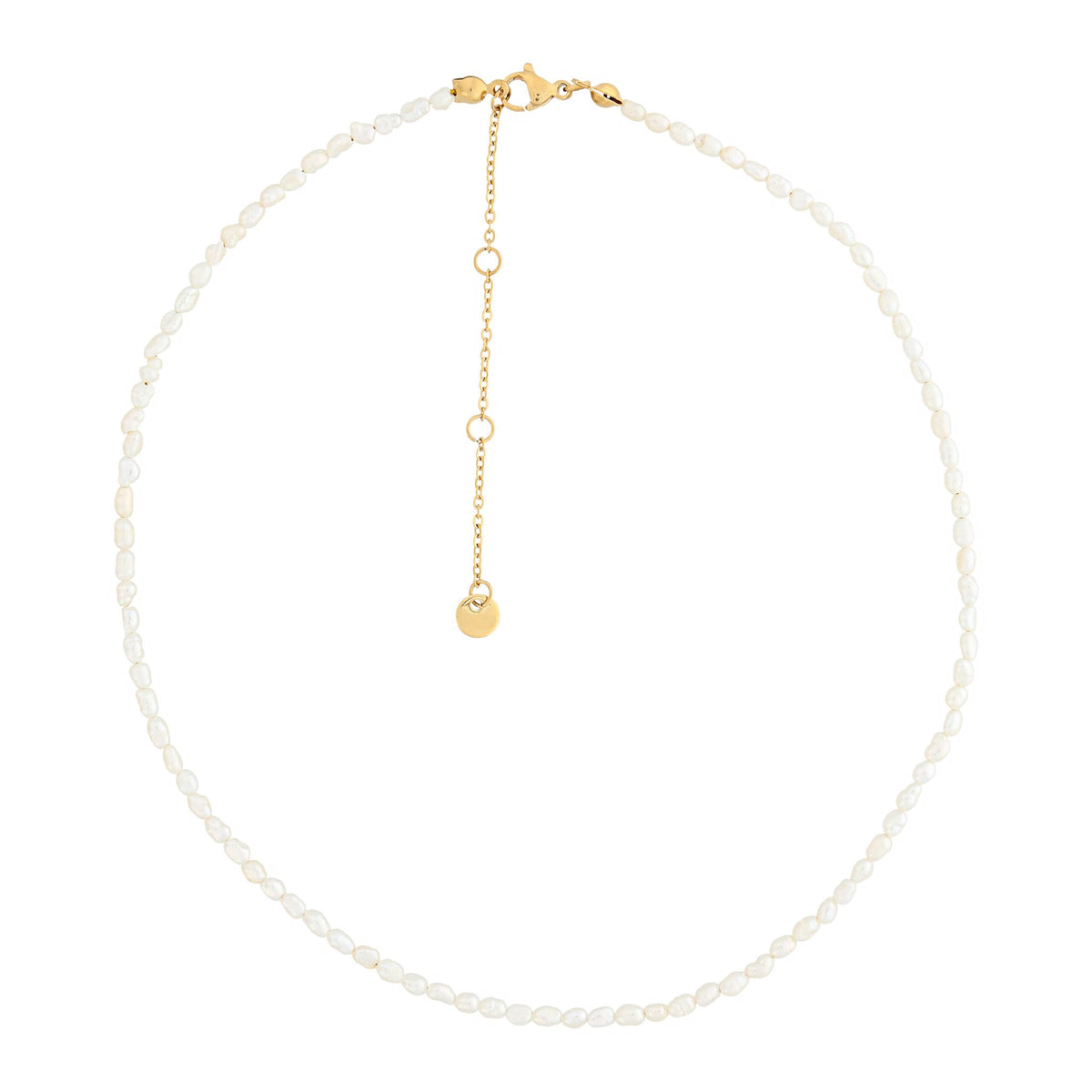3. Olla necklace with freshwater pearls in gold, showcasing adjustable extension chain, studio shot
