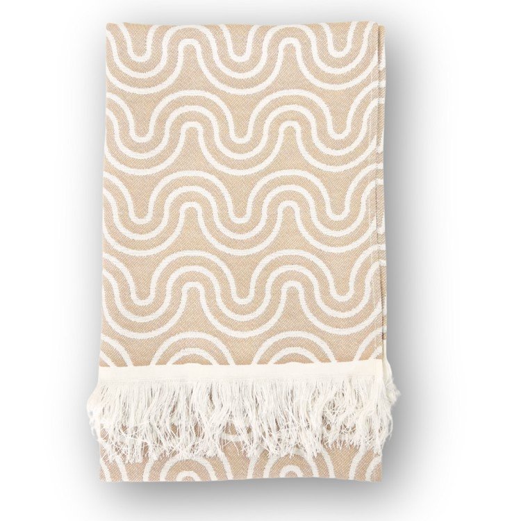 2. Beige bamboo towel with white wave pattern and fringed edges, folded on a white background