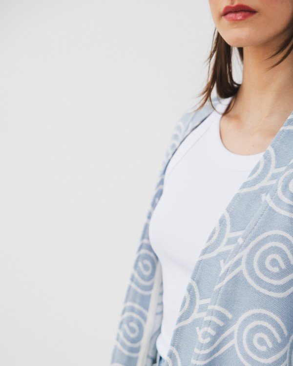 6. Close-up of Patulove blue bamboo kimono fabric and pattern near shoulder