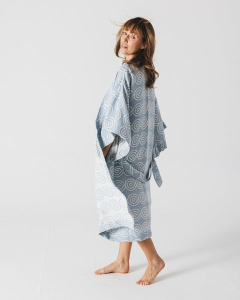 4. Woman in Patulove blue bamboo kimono with swirl pattern, shown from side in studio