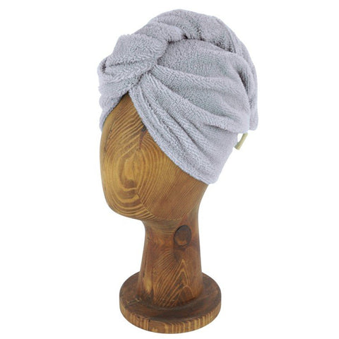 3. Grey bamboo-cotton hair turban on wooden mannequin head