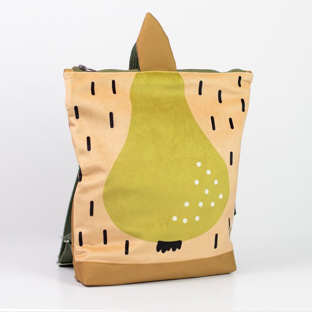 4. Front view of Muni PEAR kids backpack with pear motif, studio setting