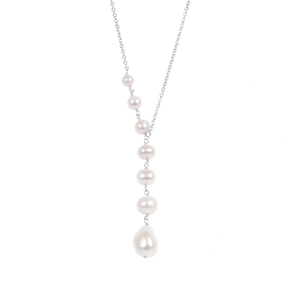 2. MyaMoon Pearl Dreamer Necklace in silver rhodium plating with cascading pearls, studio shot