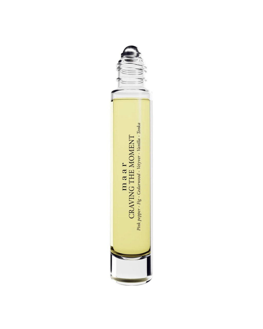 2. maar Craving the Moment perfume oil with open roll-on applicator on white background