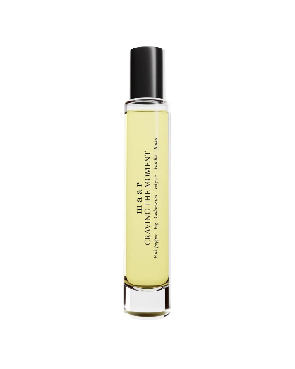 1. maar Craving the Moment perfume oil in 10ml roll-on bottle with black cap on white background