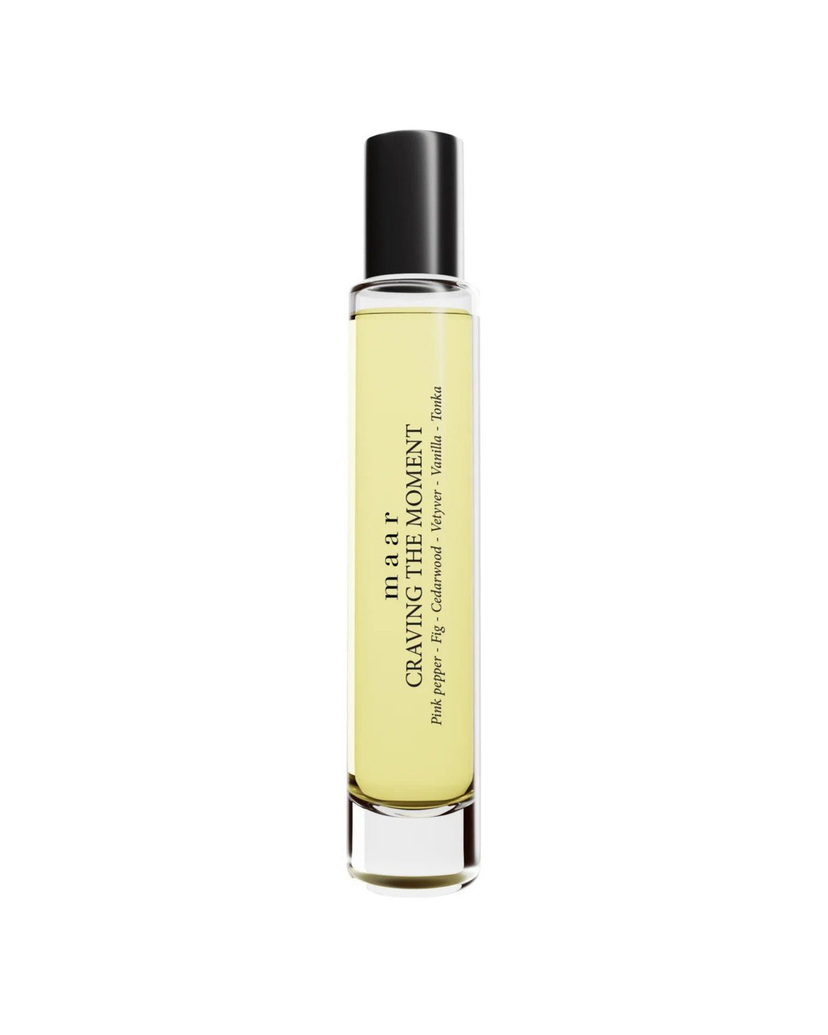 1. maar Craving the Moment perfume oil in 10ml roll-on bottle with black cap on white background