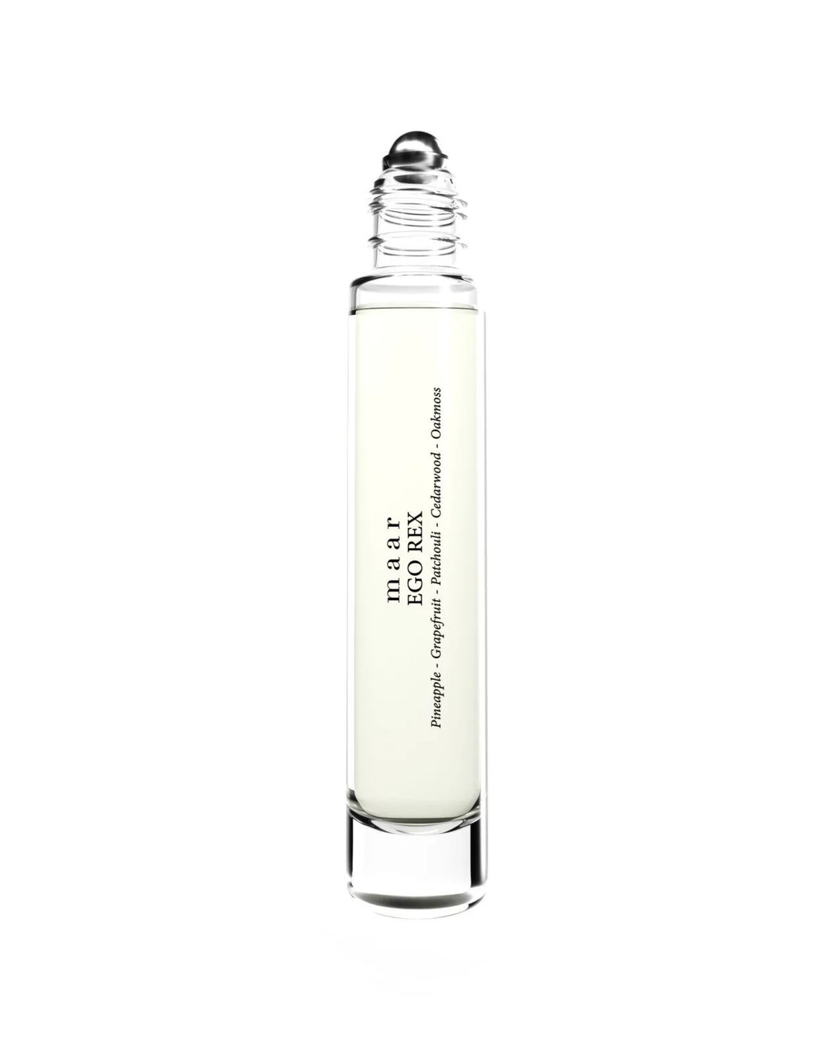 2. Studio shot of maar Ego Rex perfume oil in 10ml clear glass bottle with roll-on applicator, highlighting unisex alcohol-free formula