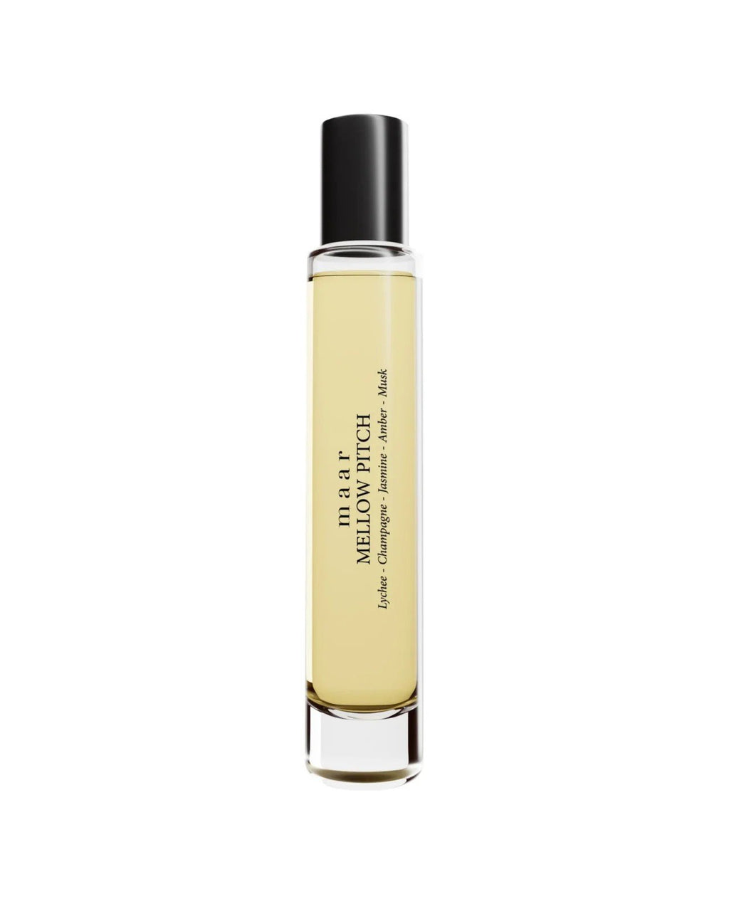 1. maar Mellow Pitch perfume oil in 10ml glass bottle with black cap, featuring lychee, champagne, jasmine, amber, and musk notes