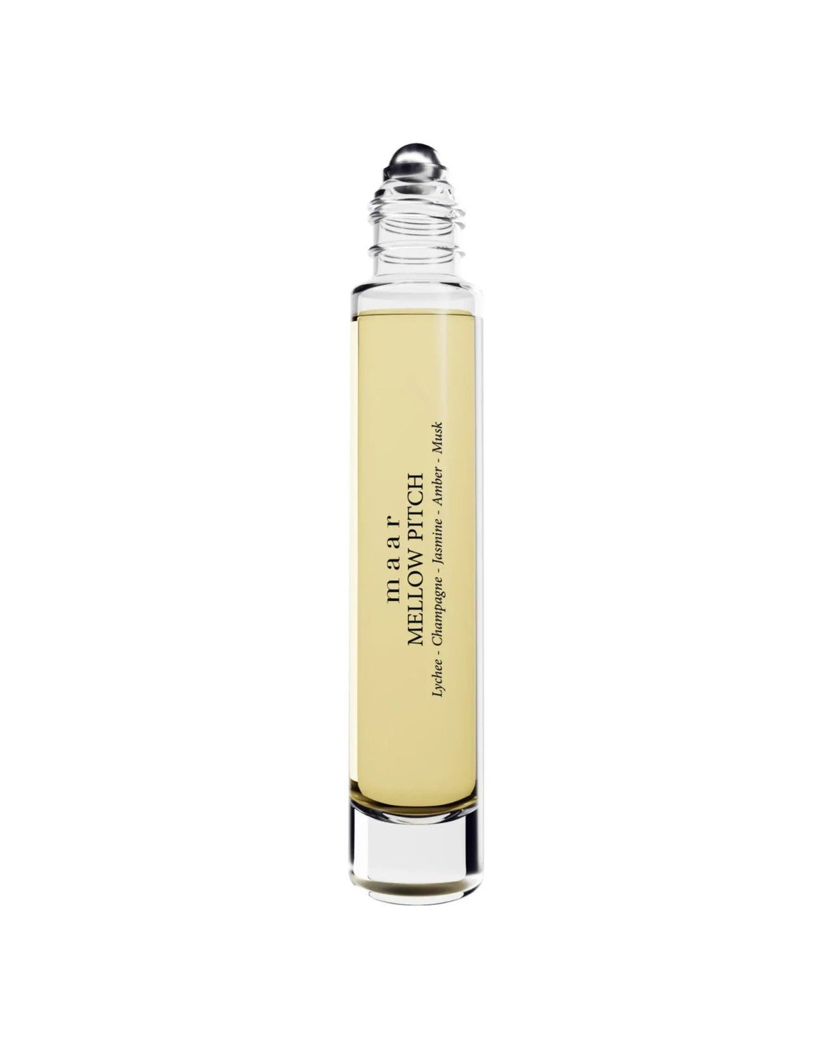 2. maar Mellow Pitch perfume oil in 10ml glass bottle with roll-on applicator, featuring lychee, champagne, jasmine, amber, and musk notes