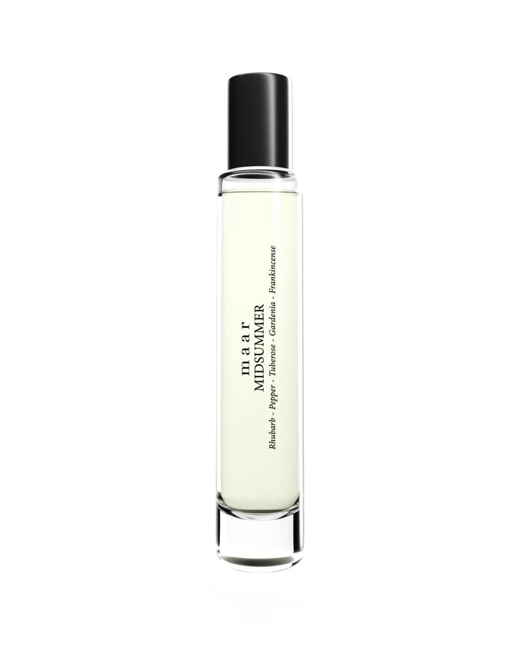 1. maar Midsummer perfume oil in clear glass bottle with black cap, 10ml size, studio shot