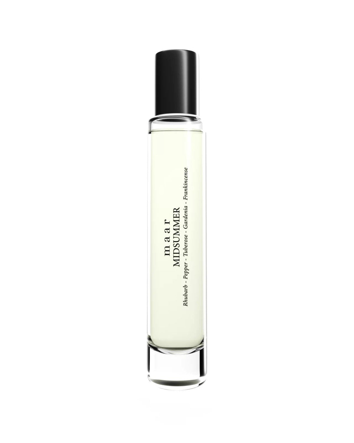 1. maar Midsummer perfume oil in clear glass bottle with black cap, 10ml size, studio shot