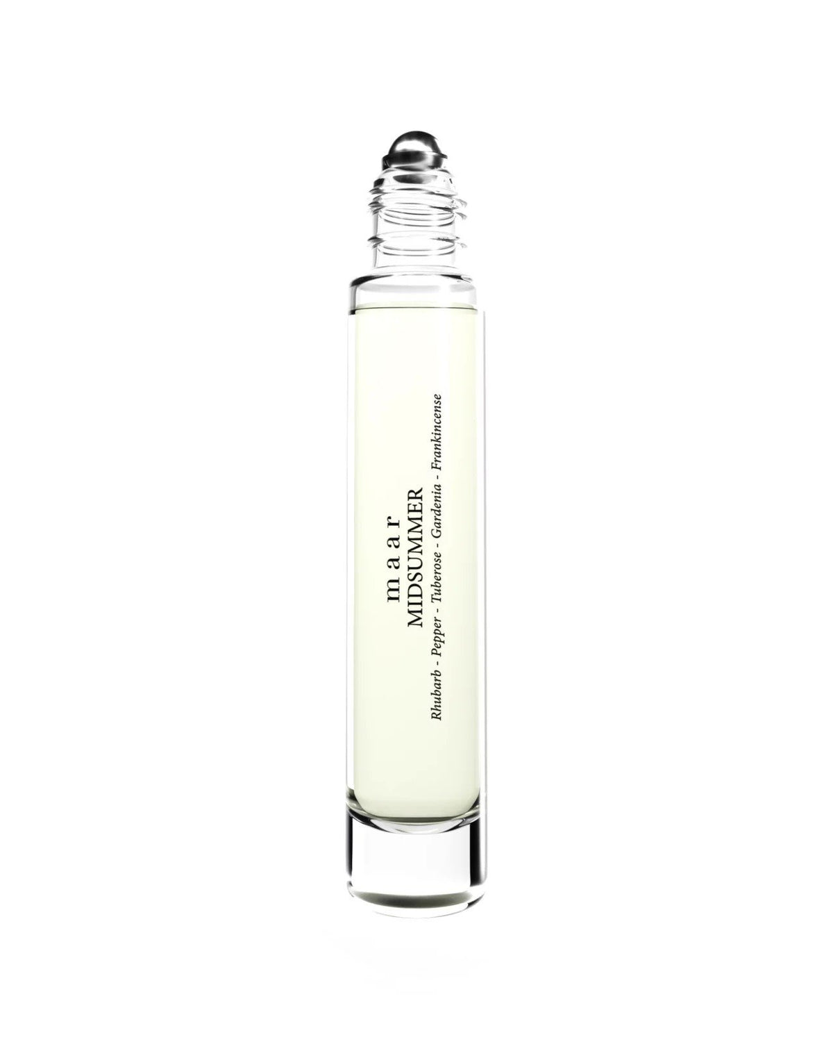 2. maar Midsummer perfume oil with roll-on applicator, clear glass bottle, 10ml size, studio shot