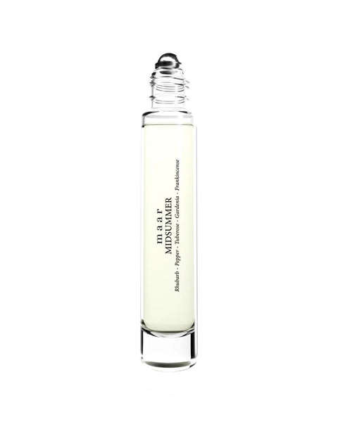 2. maar Midsummer perfume oil with roll-on applicator, clear glass bottle, 10ml size, studio shot
