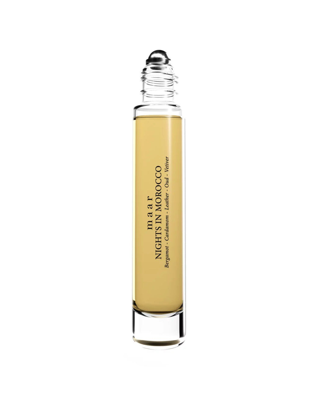 2. maar Nights In Morocco perfume oil with open roll-on applicator, highlighting sleek design and golden hue