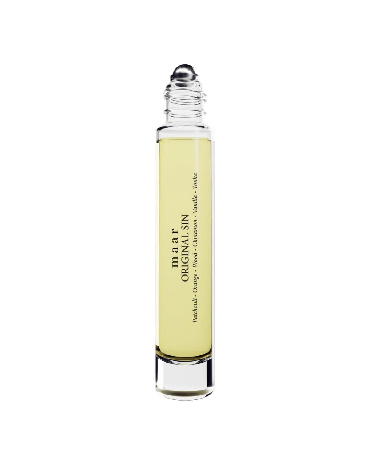 2. Studio shot of maar Original Sin perfume oil with roll-on applicator, showing clear glass bottle and light yellow liquid