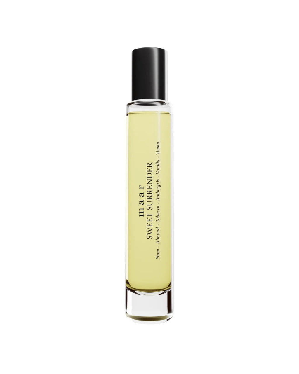 1. maar Sweet Surrender perfume oil in clear glass bottle with black cap, featuring plum, almond, and vanilla notes