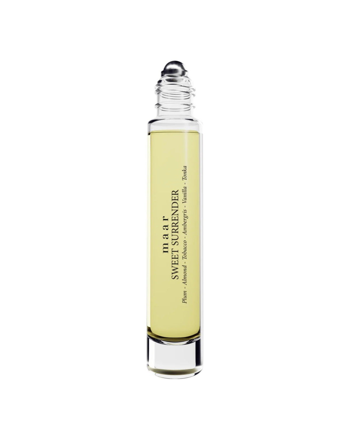 2. maar Sweet Surrender perfume oil with roll-on applicator, showcasing unisex fragrance in clear bottle