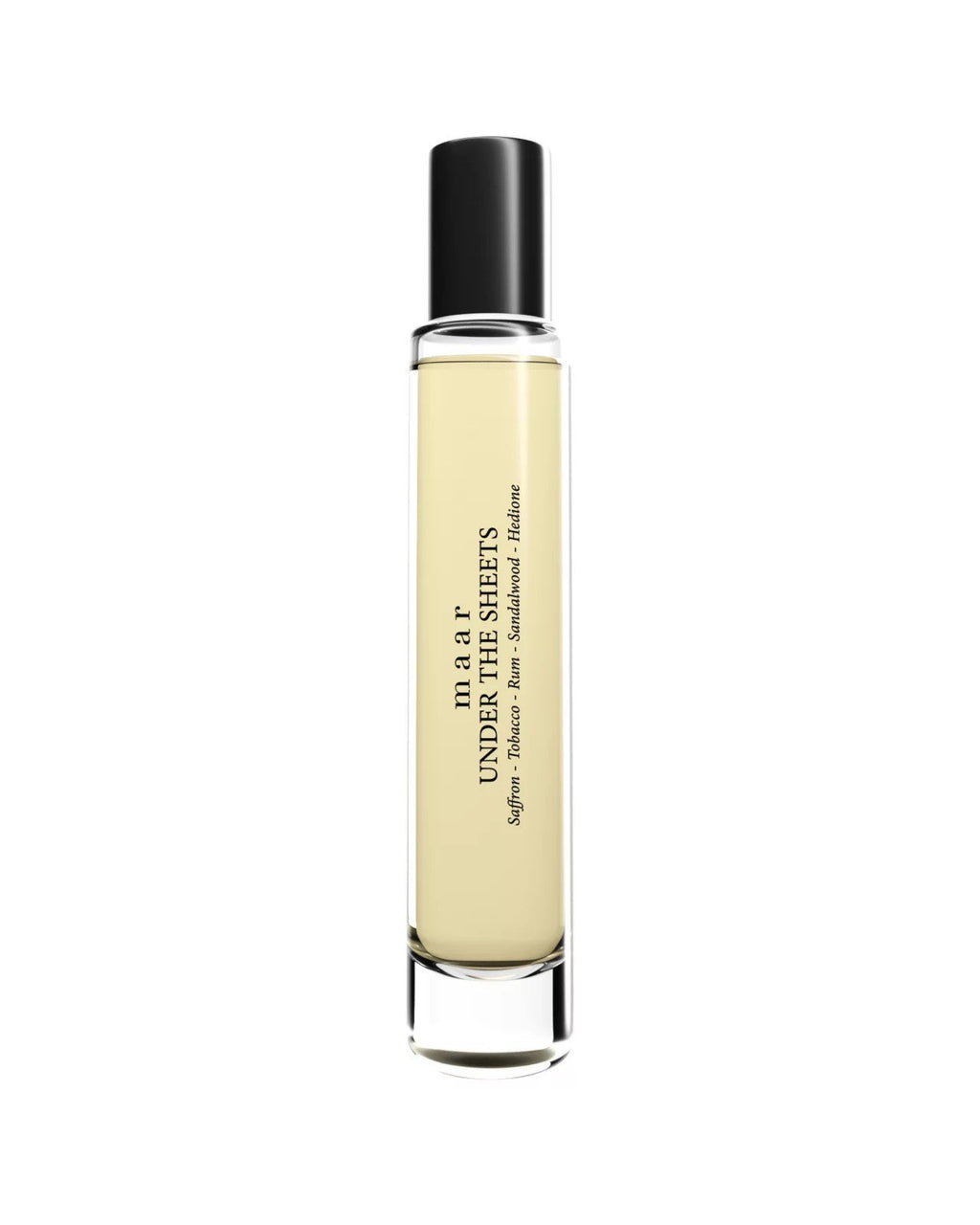 2. maar Under The Sheets perfume oil in clear glass roll-on bottle with black cap, highlighting sandalwood and hedione notes