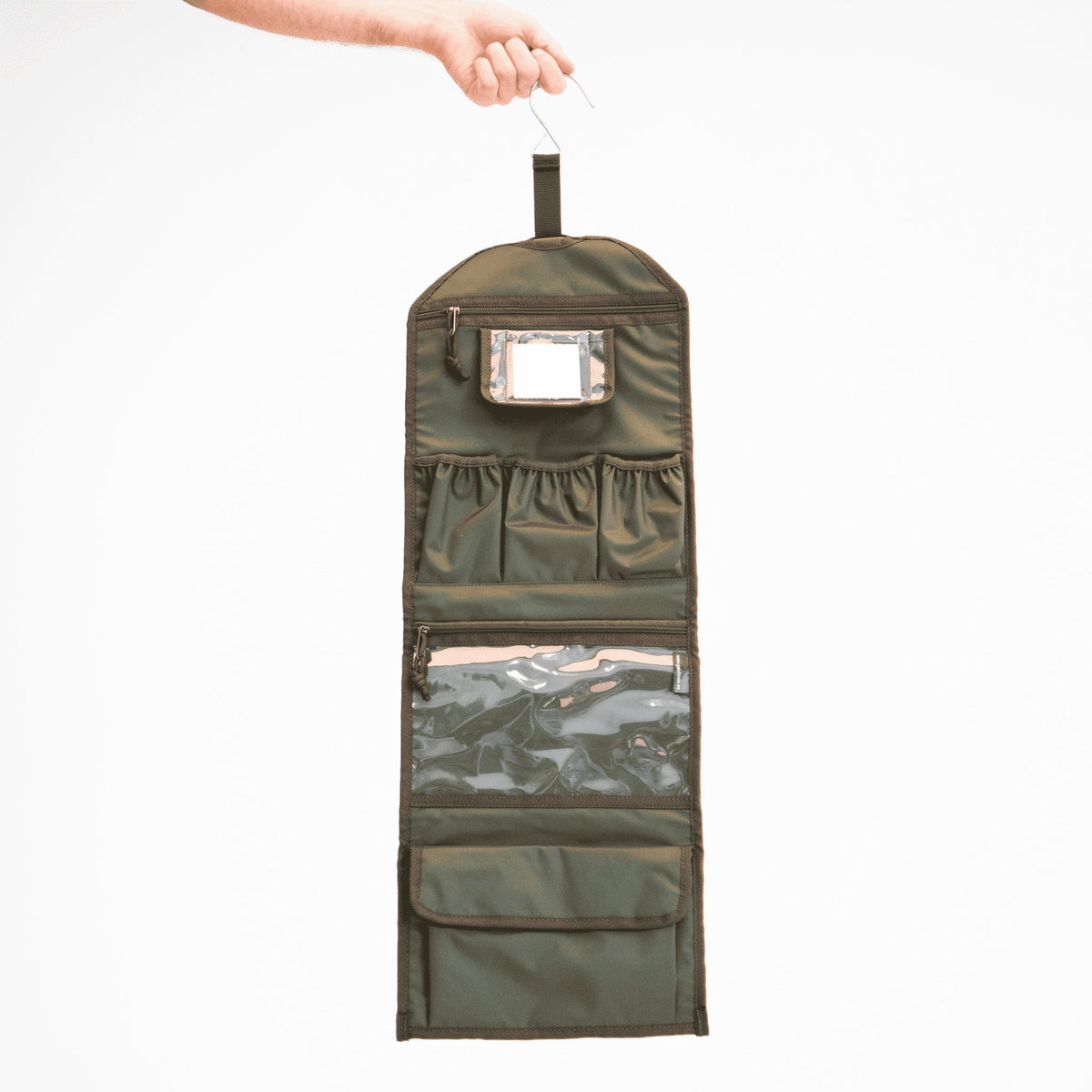 1. Galvi Linda multifunctional wash bag 121-03 in olive green, shown open with multiple compartments and a hanging hook