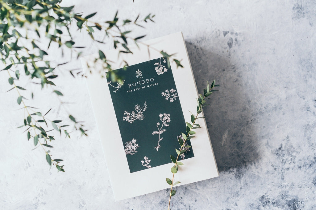 4. BONOBO Piece of Heaven gift box with floral design on a textured surface with greenery