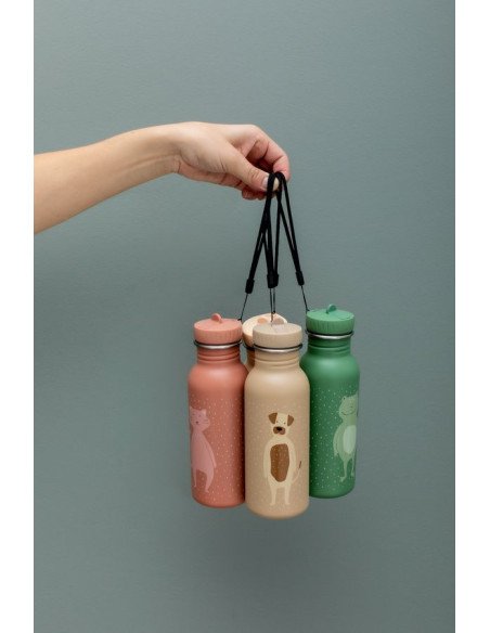 1. Hand holding three stainless steel bottles with animal designs against grey background