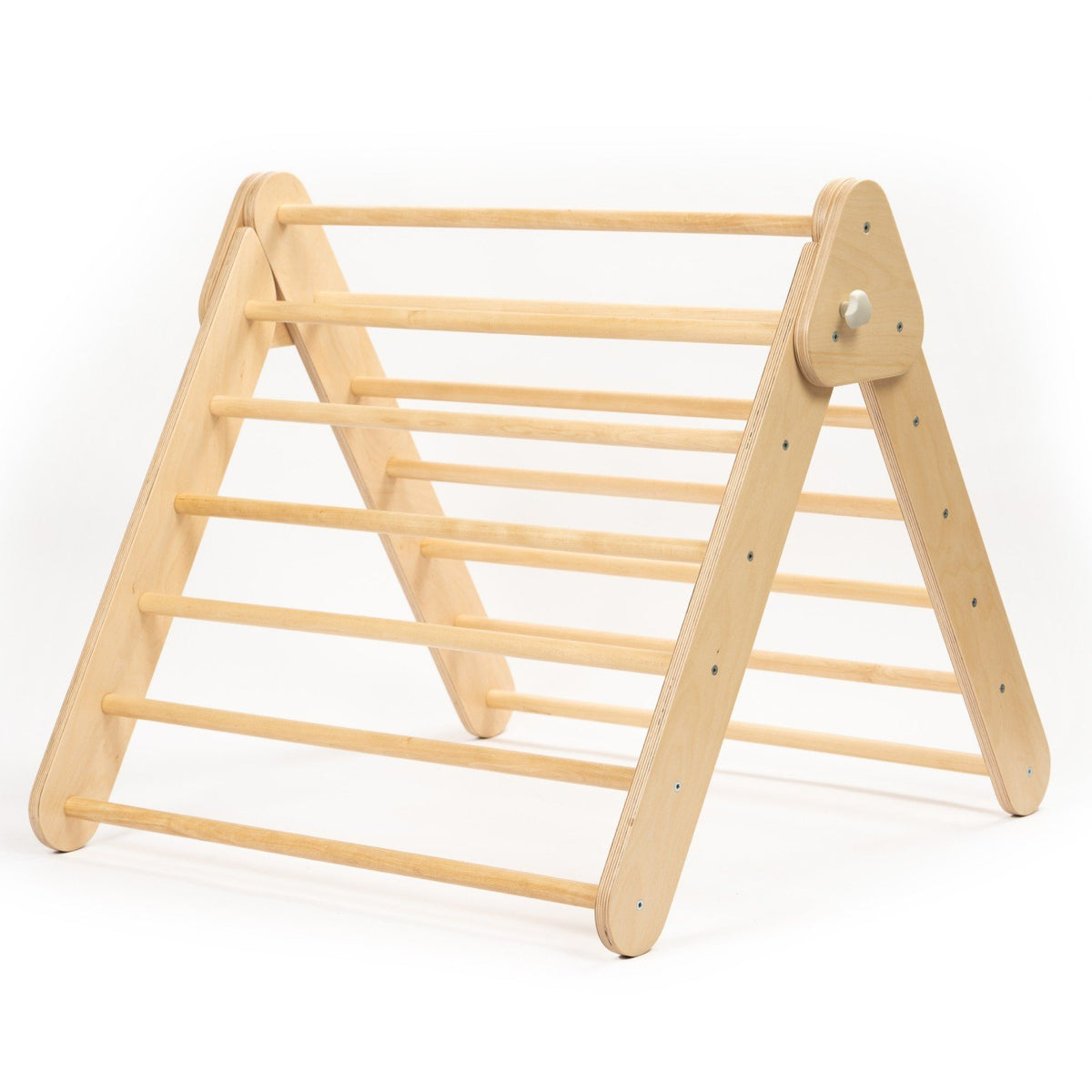 3. Natural wood Pikler Triangle on white background showing wooden bars and structure