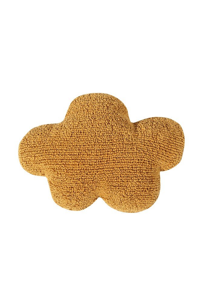 6. Flat lay of mustard cloud-shaped pillow showing full design and texture