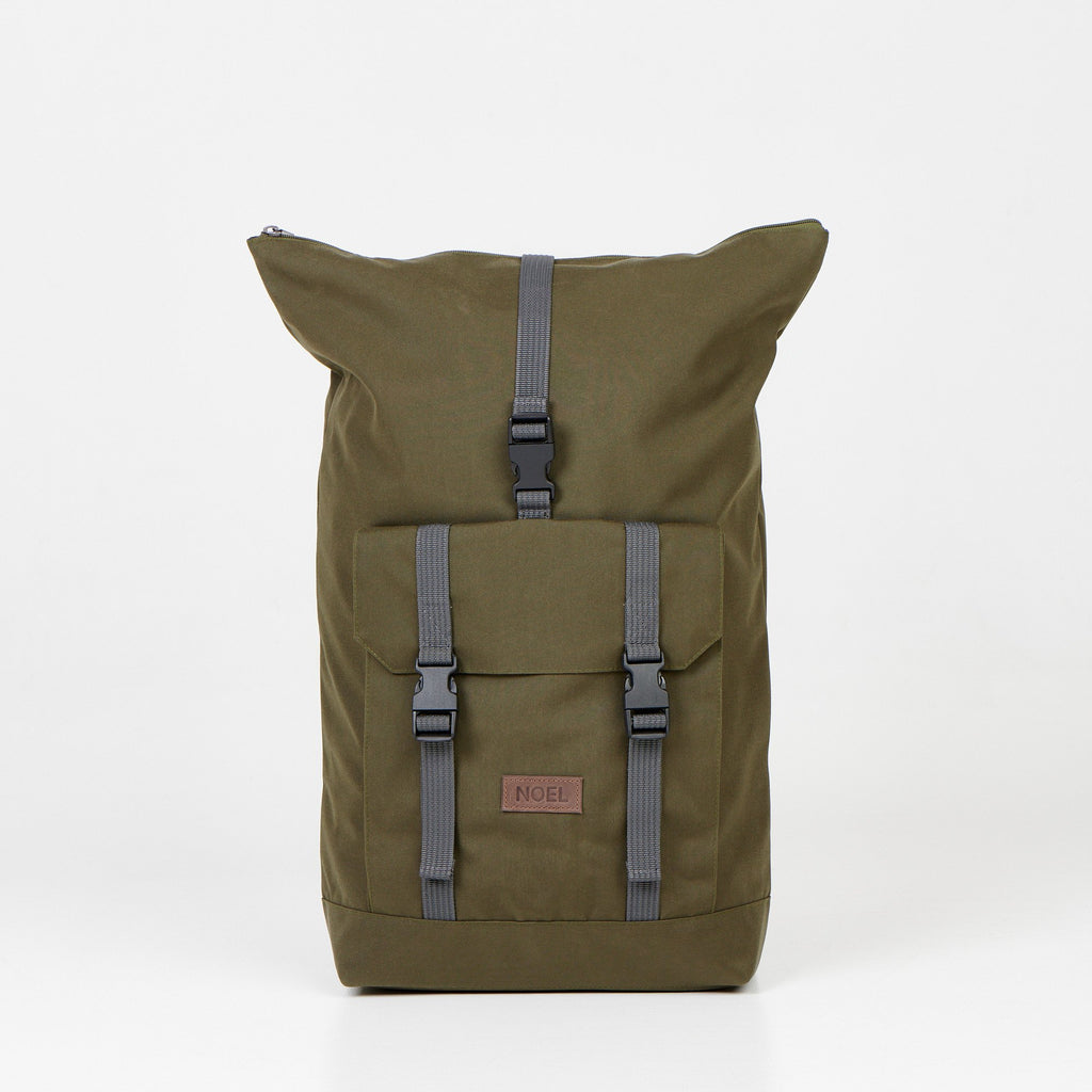 2. Noel Cliff 25L khaki backpack with extended roll-top, showing front pocket and straps, studio shot