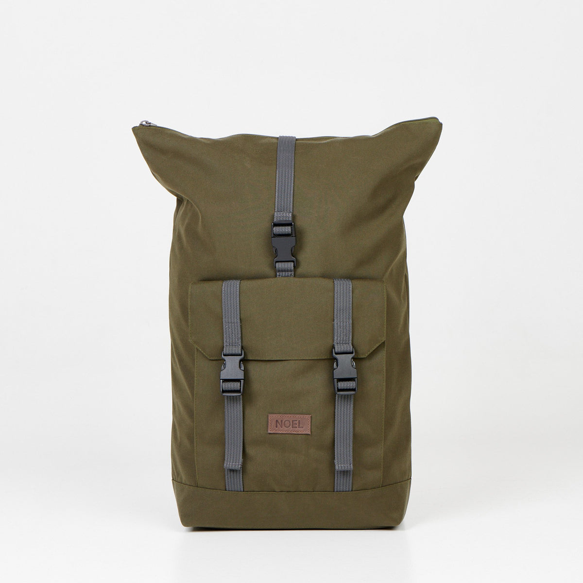 2. Noel Cliff 25L khaki backpack with extended roll-top, showing front pocket and straps, studio shot