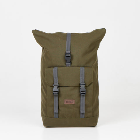 2. Noel Cliff 25L khaki backpack with extended roll-top, showing front pocket and straps, studio shot