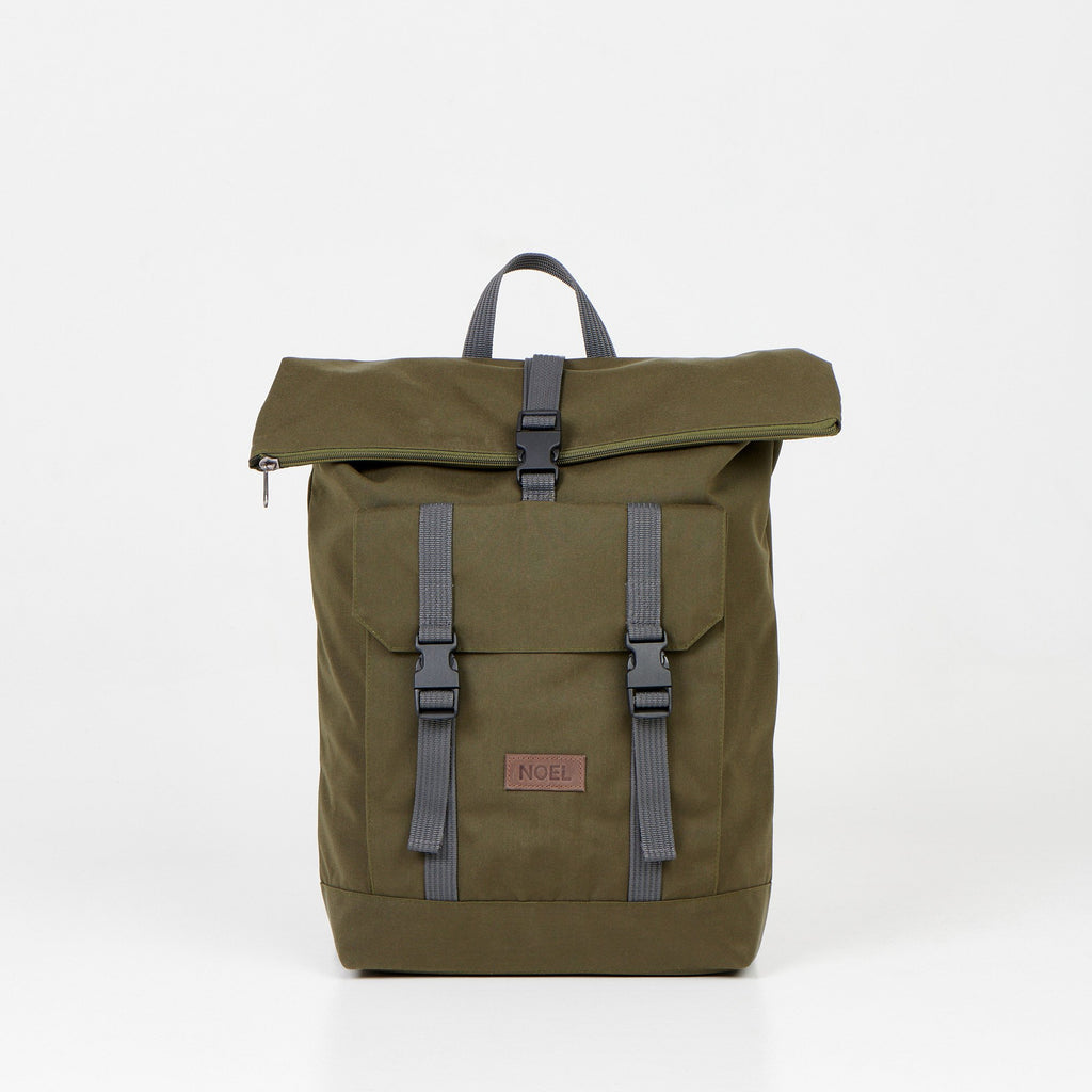 1. Noel Cliff 25L khaki backpack with roll-top closure and front pocket, studio shot