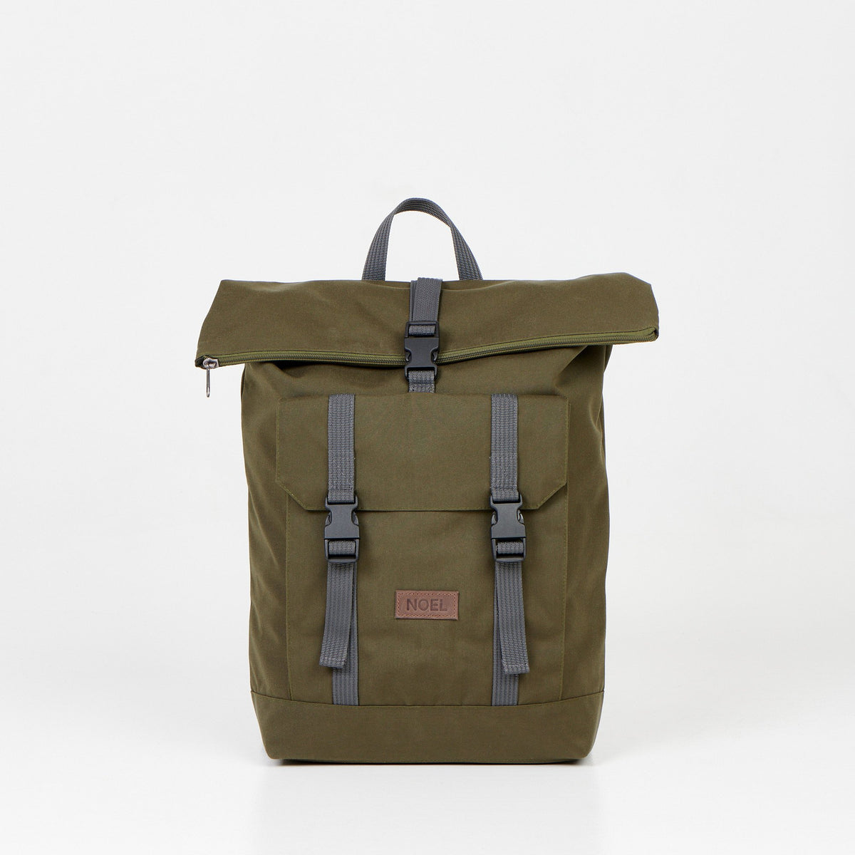 1. Noel Cliff 25L khaki backpack with roll-top closure and front pocket, studio shot